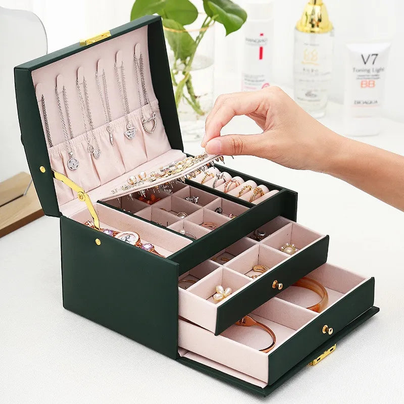 EleganceVault 3-Tier Leather Jewelry Box - Multi-Functional Three Layer Leather Drawer Style