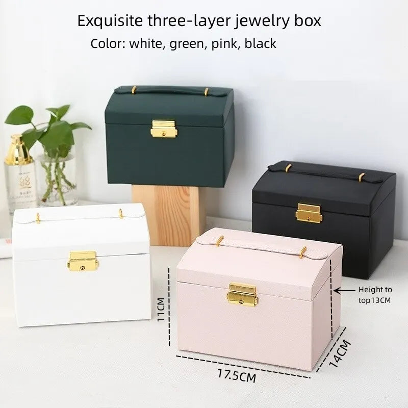 EleganceVault 3-Tier Leather Jewelry Box - Multi-Functional Three Layer Leather Drawer Style