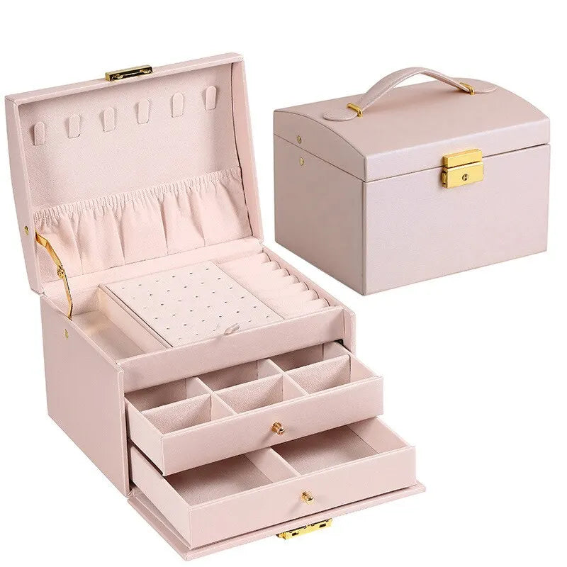 EleganceVault 3-Tier Leather Jewelry Box - Multi-Functional Three Layer Leather Drawer Style