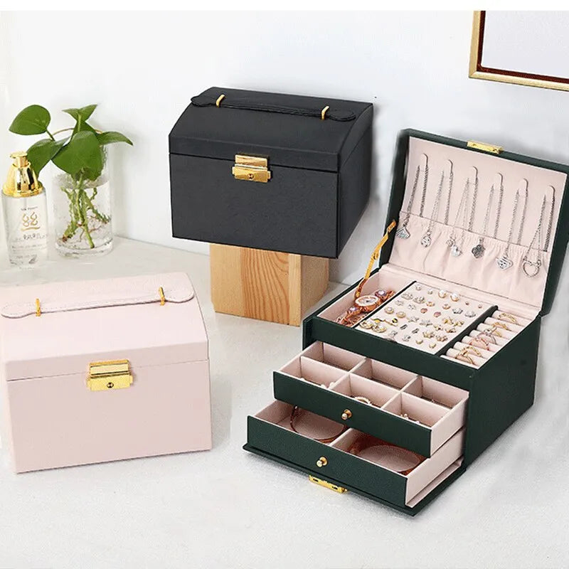 EleganceVault 3-Tier Leather Jewelry Box - Multi-Functional Three Layer Leather Drawer Style